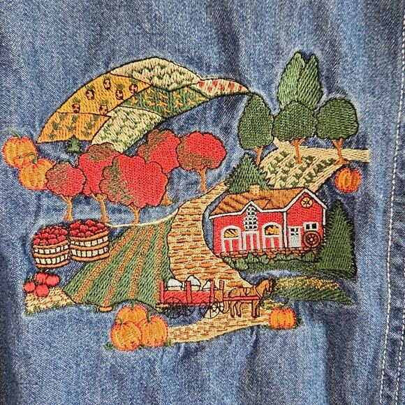 Cabin Creek Womens Denim Button Front Shirt Size PL Embroidered Farm Pumpkin - Picture 6 of 11